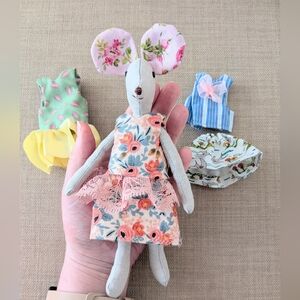 Handmade Grey linen Mouse Plush Doll With Different Dresses